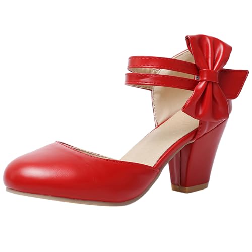 Renessmi Chunky Heel Runde Zehen Sommer Mary Jane Sweet Damensandalen Lovely Bogen Geschlossen Sommer Pumps Footwear Rot Gr 39 EU-40 Cn von Renessmi