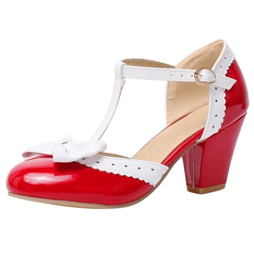 Renessmi Chunky Heel Runde Zehen Sommer Mary Jane Sweet Damensandalen Lovely Bogen Geschlossen Sommer Pumps Footwear Rot Gr 41 EU-43 Cn von Renessmi