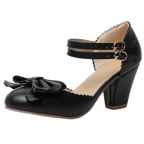 Renessmi Chunky Heel Runde Zehen Sommer Mary Jane Sweet Damensandalen Lovely Bogen Geschlossen Sommer Pumps Footwear Schwarz Gr 34 EU von Renessmi