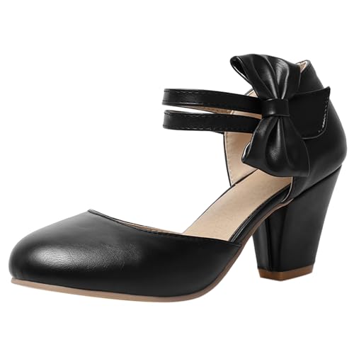 Renessmi Chunky Heel Runde Zehen Sommer Mary Jane Sweet Damensandalen Lovely Bogen Geschlossen Sommer Pumps Footwear Schwarz Gr 40.5 EU-42 Cn von Renessmi