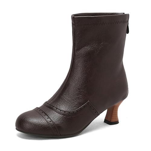 Renessmi Concise Back Reißverschluss Runde Zehen Kitten Heel Damen Stiefeletten Weit Fit Carved Solid Color Herbst Stiefel Footwear Braun Gr 37 EU-38 Cn von Renessmi