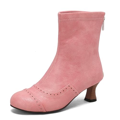 Renessmi Concise Back Reißverschluss Runde Zehen Kitten Heel Damen Stiefeletten Weit Fit Carved Solid Color Herbst Stiefel Footwear Pink Gr 37 EU-38 Cn von Renessmi