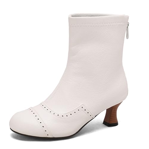 Renessmi Concise Back Reißverschluss Runde Zehen Kitten Heel Damen Stiefeletten Weit Fit Carved Solid Color Herbst Stiefel Footwear Weiß Gr 36 EU von Renessmi
