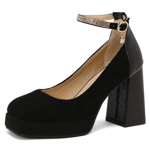 Renessmi Concise Blockabsatz Mary Jane Square Toe Damen Schuhe Höhe Ferse Plateau Knöchelriemchen Weit Fit Abendschuhe Footwear Schwarz Gr 39 EU-40 Cn von Renessmi
