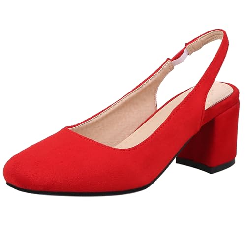 Renessmi Concise Blockabsatz Square Toe Slingback Damensandalen Ohne Verschluss Komfort Mitte Absatz Solid Color Wildleder Arbeit Pumps Footwear Rot Gr 40.5 EU-42 Cn von Renessmi