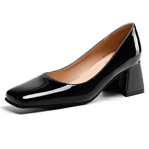 Renessmi Concise Lack Blockabsatz Square Toe Damen Pumps Ohne Verschluss Weit Fit Elegant Arbeit Sommer Abendschuhe Footwear Schwarz Gr 39 EU-40 Cn von Renessmi