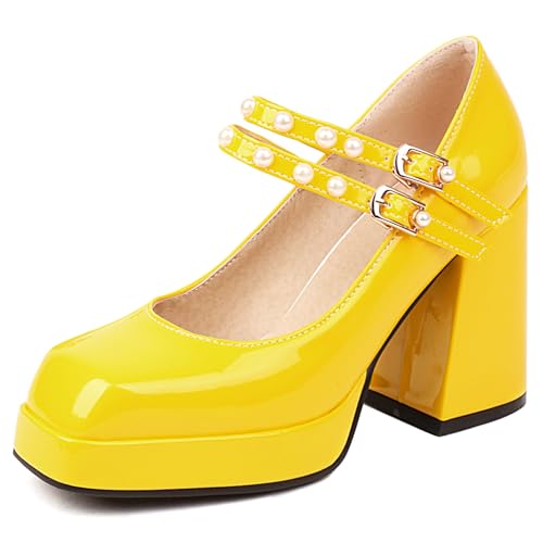 Renessmi Concise Plateau Blockabsatz Square Toe Damen Schuhe Weit Fit Knöchelriemchen Solid Color Lack Mary Jane Footwear Gelb Gr 41 EU-43 Cn von Renessmi