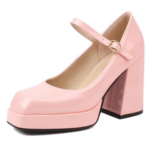Renessmi Concise Plateau Blockabsatz Square Toe Damen Schuhe Weit Fit Knöchelriemchen Solid Color Lack Mary Jane Footwear Pink Gr 37 EU-38 Cn von Renessmi