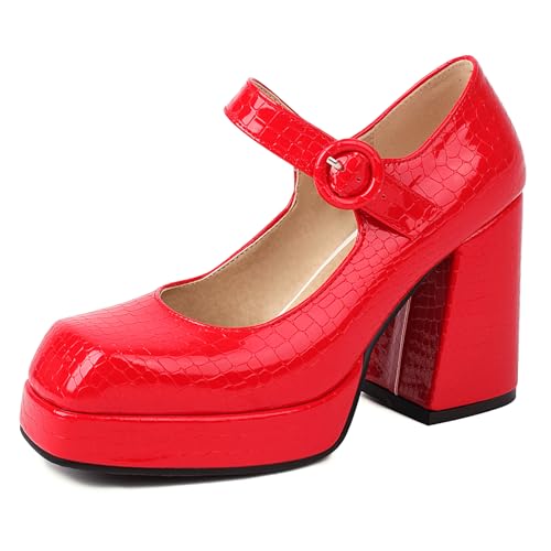 Renessmi Concise Plateau Blockabsatz Square Toe Damen Schuhe Weit Fit Knöchelriemchen Solid Color Lack Mary Jane Footwear Rot Gr 32 EU Renessmi Concise Plateau Blockabsatz Square Toe Damen Schuhe Weit Fit Knöchelriemchen Solid Color Lack Mary Jane Footwear Rot Gr 32 EU von Renessmi