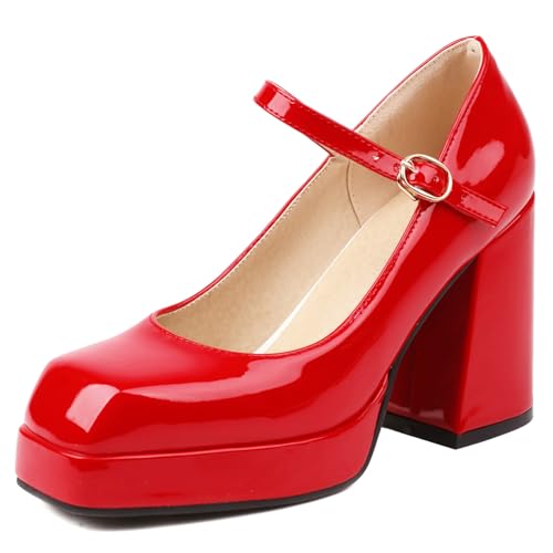 Renessmi Concise Plateau Blockabsatz Square Toe Damen Schuhe Weit Fit Knöchelriemchen Solid Color Lack Mary Jane Footwear Rot Gr 32 EU Renessmi Concise Plateau Blockabsatz Square Toe Damen Schuhe Weit Fit Knöchelriemchen Solid Color Lack Mary Jane Footwear Rot Gr 32 EU von Renessmi