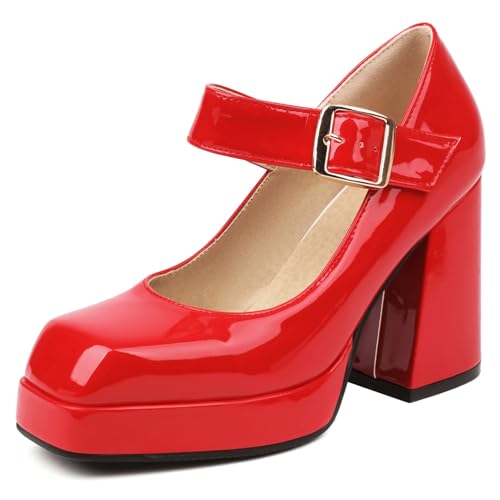 Renessmi Concise Plateau Blockabsatz Square Toe Damen Schuhe Weit Fit Knöchelriemchen Solid Color Lack Mary Jane Footwear Rot Gr 40 EU-41 Cn Renessmi Concise Plateau Blockabsatz Square Toe Damen Schuhe Weit Fit Knöchelriemchen Solid Color Lack Mary Jane Footwear Rot Gr 40 EU-41 Cn von Renessmi