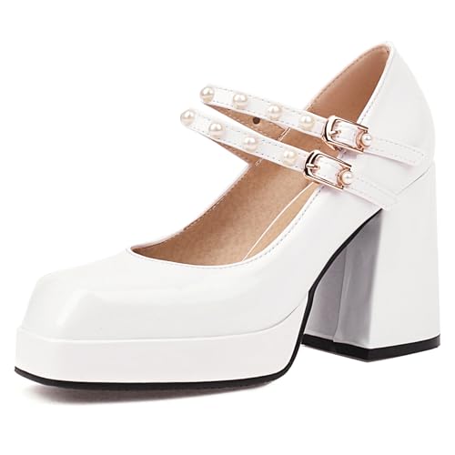 Renessmi Concise Plateau Blockabsatz Square Toe Damen Schuhe Weit Fit Knöchelriemchen Solid Color Lack Mary Jane Footwear Weiß Gr 32 EU Renessmi Concise Plateau Blockabsatz Square Toe Damen Schuhe Weit Fit Knöchelriemchen Solid Color Lack Mary Jane Footwear Weiß Gr 32 EU von Renessmi