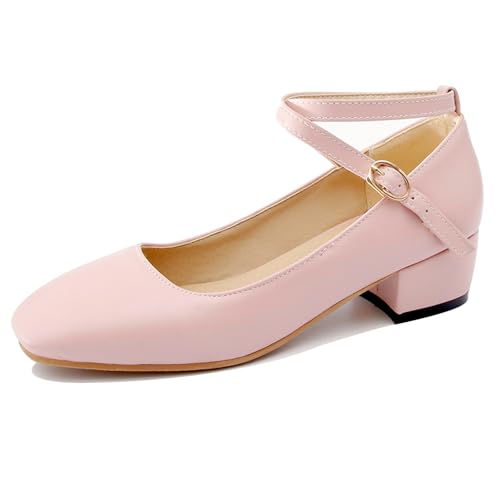 Renessmi Concise Solid Color Square Toe Knöchelriemchen Damen Schuhe Weit Fit Komfort Mitte Blockabsatz Girl Mary Jane Footwear Pink Gr 40.5 EU-42 Cn von Renessmi