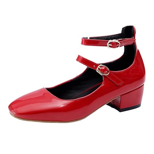 Renessmi Concise Solid Color Square Toe Knöchelriemchen Damen Schuhe Weit Fit Komfort Mitte Blockabsatz Girl Mary Jane Footwear Rot Gr 40.5 EU-42 Cn von Renessmi