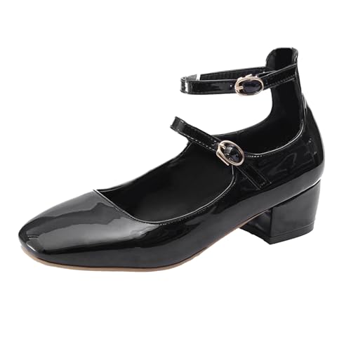 Renessmi Concise Solid Color Square Toe Knöchelriemchen Damen Schuhe Weit Fit Komfort Mitte Blockabsatz Girl Mary Jane Footwear Schwarz Gr 40.5 EU-42 Cn von Renessmi