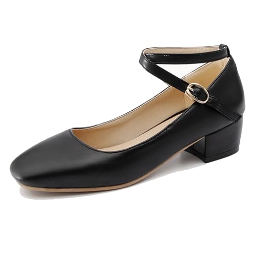 Renessmi Concise Solid Color Square Toe Knöchelriemchen Damen Schuhe Weit Fit Komfort Mitte Blockabsatz Girl Mary Jane Footwear Schwarz Gr 45 EU-47 Cn von Renessmi