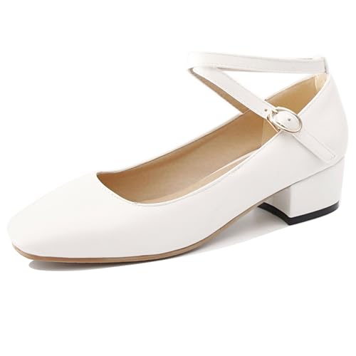 Renessmi Concise Solid Color Square Toe Knöchelriemchen Damen Schuhe Weit Fit Komfort Mitte Blockabsatz Girl Mary Jane Footwear Weiß Gr 32 EU von Renessmi