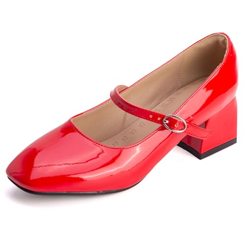 Renessmi Concise Square Toe Mary Jane Blockabsatz Damen Schuhe Weit Fit Schnalle Knöchelriemchen Lack Candy Color Sommer Footwear Rot Gr 40.5 EU-42 Cn von Renessmi