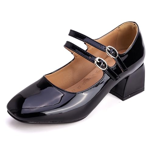 Renessmi Concise Square Toe Mary Jane Blockabsatz Damen Schuhe Weit Fit Schnalle Knöchelriemchen Lack Candy Color Sommer Footwear Schwarz Gr 40 EU-41 Cn von Renessmi