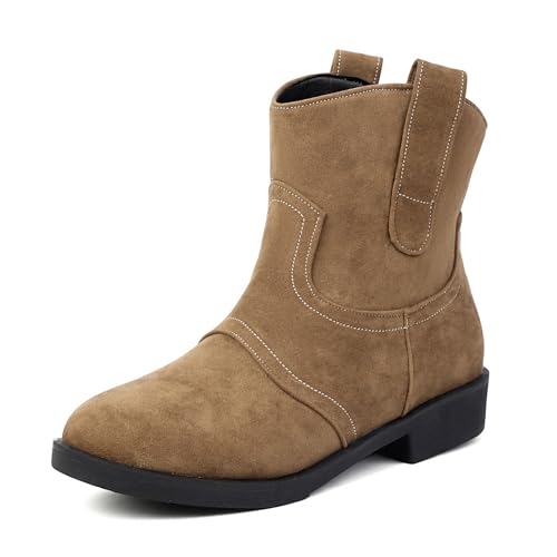 Renessmi Concise Wildleder Niedrige Absatz Leisure Ohne Verschluss Damen Stiefeletten Solid Color Komfort Blockabsatz Herbst Stiefeletten Footwear Camel Gr 40 EU-41 Cn von Renessmi