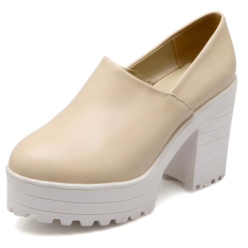Renessmi Damen Block Chunky Höhe Ferse Plateau Pumps Runde Zehen Mode Ohne Verschluss Buro Arbeit Formal Pump Footwear Beige Gr 41 EU-43 CN von Renessmi