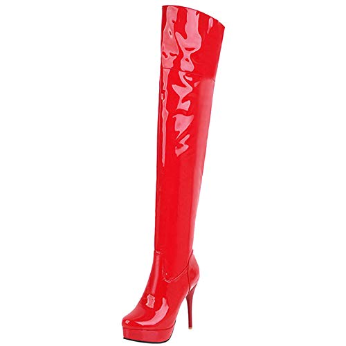 Renessmi Damen Mode Overknees Lack Stiefel Stilettos Elegant Abend Plateau Runde Zehen Winter Warm Long Booty Footwear Rot Gr 38 EU-39 Cn von Renessmi