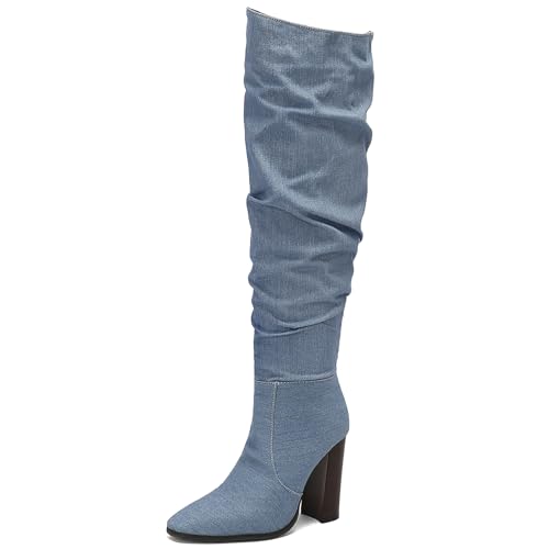 Renessmi Damen Stiefel Über Dem Knie Blockabsatz Square Toe Side Reißverschluss Mode Long Slouch Reitstiefel Footwear Light-Blau Gr 48 EU-50 Cn von Renessmi
