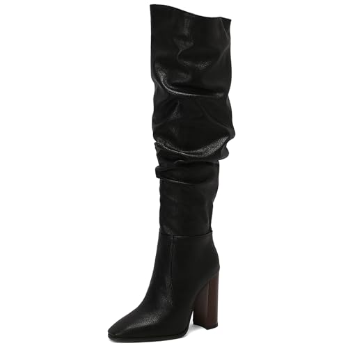 Renessmi Damen Stiefel Über Dem Knie Blockabsatz Square Toe Side Reißverschluss Mode Long Slouch Reitstiefel Footwear Schwarz-Pu Gr 46 EU-48 Cn von Renessmi