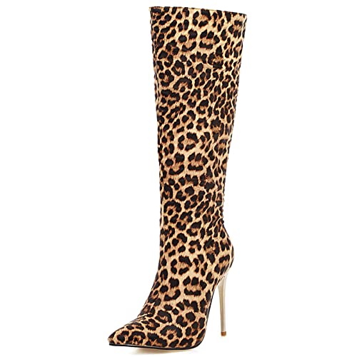 Renessmi Damen Stiletto Snakeskin Halloween Overknees Stiefel Pointed Toe Side Reißverschluss Höhe Ferse Kniehohe Stiefel Footwear Leopard Gr 37 EU-38 Cn von Renessmi