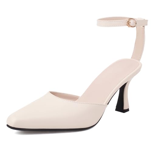 Renessmi Elegant Abend Pointed Toe Stiletto Damensandalen Geschlossen Knöchelriemchen Mode Arbeit Solid Color Footwear Beige Gr 41 EU-43 Cn von Renessmi