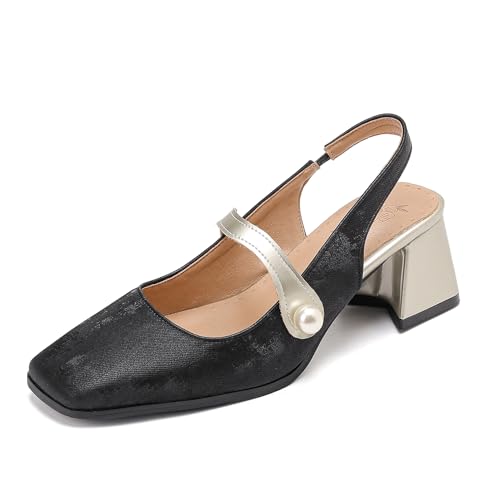 Renessmi Elegant Blockabsatz Geschlossen Slingback Damensandalen Square Toe Lack Weit Fit Solid Color Girl Footwear Gold-Schwarz Gr 34 EU von Renessmi