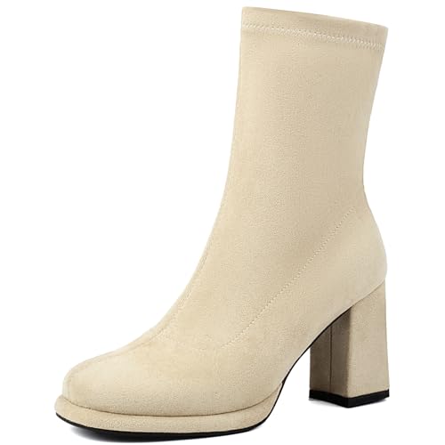 Renessmi Elegant Hochzeit Blockabsatz Plateau Damen Stiefeletten Runde Zehen Ohne Verschluss Back Reißverschluss Anzugstiefel Footwear Aprikose Gr 34 EU von Renessmi