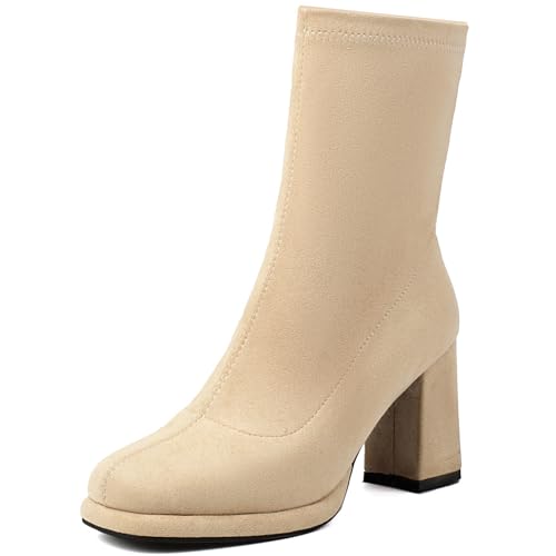 Renessmi Elegant Hochzeit Blockabsatz Plateau Damen Stiefeletten Runde Zehen Ohne Verschluss Back Reißverschluss Anzugstiefel Footwear Aprikose Gr 43 EU-45 Cn von Renessmi