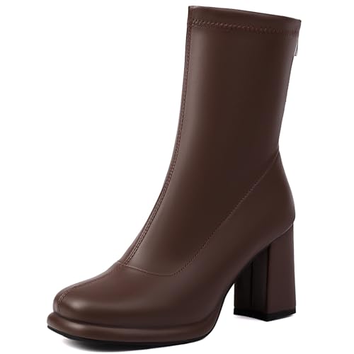 Renessmi Elegant Hochzeit Blockabsatz Plateau Damen Stiefeletten Runde Zehen Ohne Verschluss Back Reißverschluss Anzugstiefel Footwear Braun Gr 40.5 EU-42 Cn von Renessmi