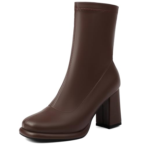 Renessmi Elegant Hochzeit Blockabsatz Plateau Damen Stiefeletten Runde Zehen Ohne Verschluss Back Reißverschluss Anzugstiefel Footwear Braun Gr 42 EU-44 Cn von Renessmi