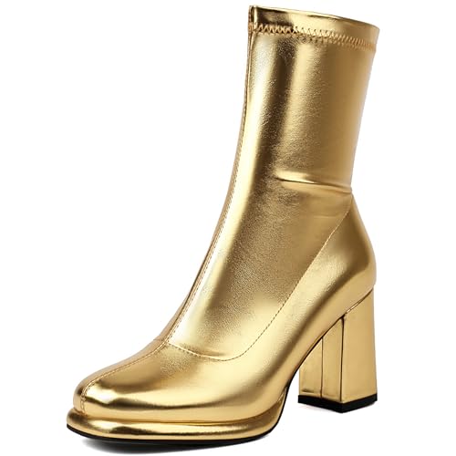 Renessmi Elegant Hochzeit Blockabsatz Plateau Damen Stiefeletten Runde Zehen Ohne Verschluss Back Reißverschluss Anzugstiefel Footwear Gold Gr 37 EU-38 Cn von Renessmi