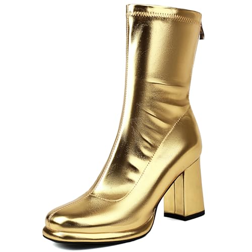 Renessmi Elegant Hochzeit Blockabsatz Plateau Damen Stiefeletten Runde Zehen Ohne Verschluss Back Reißverschluss Anzugstiefel Footwear Gold Gr 46 EU-48 Cn von Renessmi