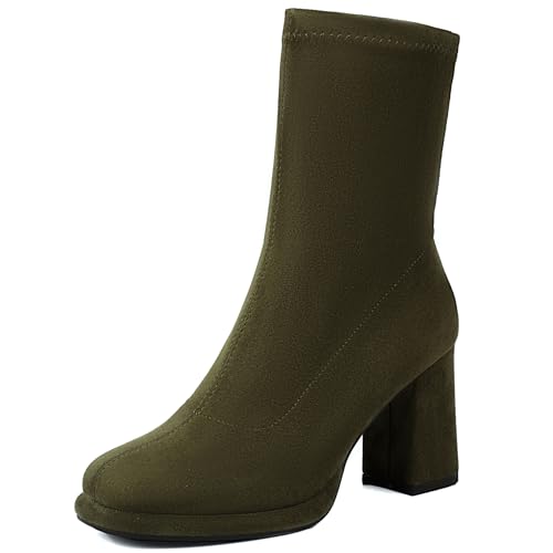 Renessmi Elegant Hochzeit Blockabsatz Plateau Damen Stiefeletten Runde Zehen Ohne Verschluss Back Reißverschluss Anzugstiefel Footwear Grün Gr 40.5 EU-42 Cn von Renessmi