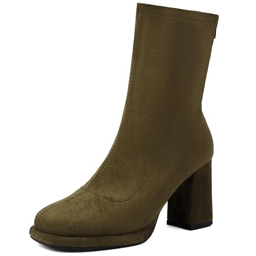 Renessmi Elegant Hochzeit Blockabsatz Plateau Damen Stiefeletten Runde Zehen Ohne Verschluss Back Reißverschluss Anzugstiefel Footwear Grün Gr 44 EU-46 Cn von Renessmi