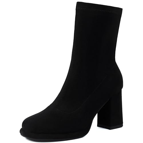 Renessmi Elegant Hochzeit Blockabsatz Plateau Damen Stiefeletten Runde Zehen Ohne Verschluss Back Reißverschluss Anzugstiefel Footwear Schwarz Gr 40 EU-41 Cn von Renessmi