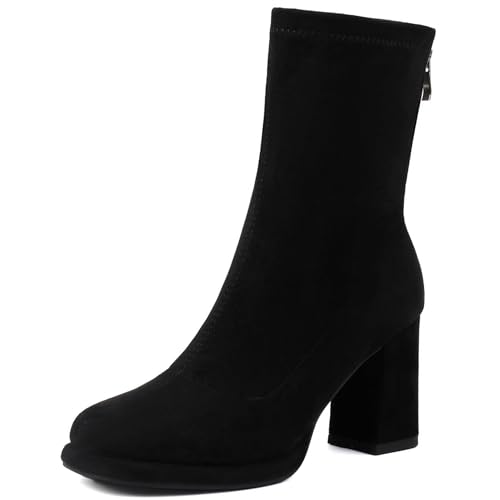 Renessmi Elegant Hochzeit Blockabsatz Plateau Damen Stiefeletten Runde Zehen Ohne Verschluss Back Reißverschluss Anzugstiefel Footwear Schwarz Gr 41 EU-43 Cn von Renessmi