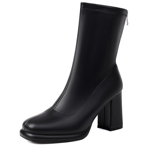 Renessmi Elegant Hochzeit Blockabsatz Plateau Damen Stiefeletten Runde Zehen Ohne Verschluss Back Reißverschluss Anzugstiefel Footwear Schwarz Gr 44 EU-46 Cn von Renessmi
