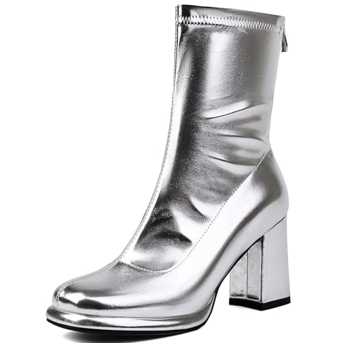Renessmi Elegant Hochzeit Blockabsatz Plateau Damen Stiefeletten Runde Zehen Ohne Verschluss Back Reißverschluss Anzugstiefel Footwear Silber Gr 45 EU-47 Cn von Renessmi