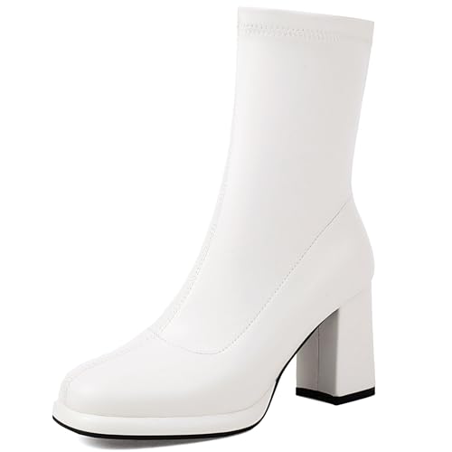 Renessmi Elegant Hochzeit Blockabsatz Plateau Damen Stiefeletten Runde Zehen Ohne Verschluss Back Reißverschluss Anzugstiefel Footwear Weiß Gr 38 EU-39 Cn von Renessmi