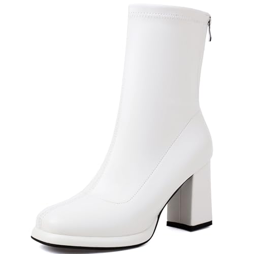 Renessmi Elegant Hochzeit Blockabsatz Plateau Damen Stiefeletten Runde Zehen Ohne Verschluss Back Reißverschluss Anzugstiefel Footwear Weiß Gr 40 EU-41 Cn von Renessmi