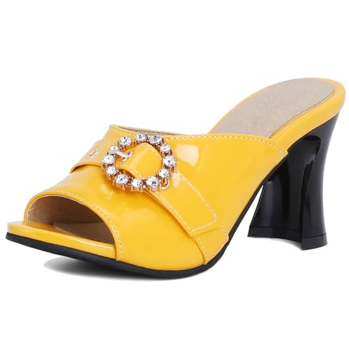 Renessmi Elegant Lack Bogen Slingback Mules Ohne Verschluss Damen Pantoffeln Peep Toe Strange Heel Stylish Sommer Kleid Footwear Gelb Gr 42 EU-44 Cn von Renessmi
