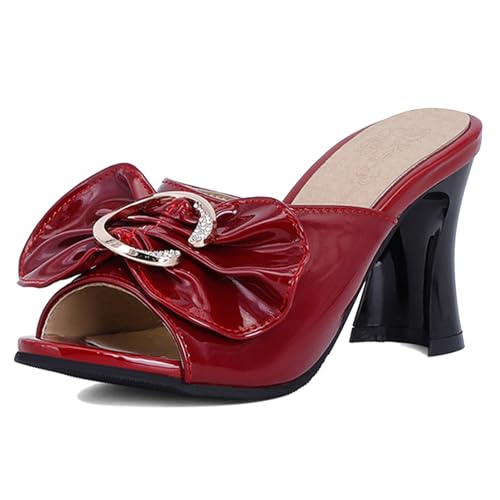 Renessmi Elegant Lack Bogen Slingback Mules Ohne Verschluss Damen Pantoffeln Peep Toe Strange Heel Stylish Sommer Kleid Footwear Rotwein Gr 37 EU-38 Cn von Renessmi