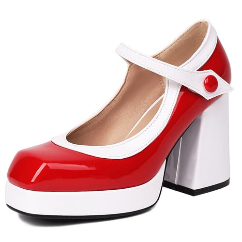 Renessmi Elegant Lack Mixed Color Square Toe Damen Pumps Knöchelriemchen Plateau Weit Fit Chunky Heel Mary Jane Footwear Rot Gr 34 EU Renessmi Elegant Lack Mixed Color Square Toe Damen Pumps Knöchelriemchen Plateau Weit Fit Chunky Heel Mary Jane Footwear Rot Gr 34 EU von Renessmi