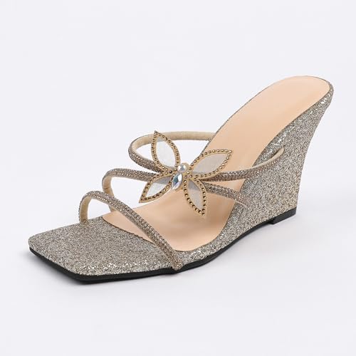 Renessmi Elegant Offene Zeh Keilabsatz Slingback Damen Pantoffeln Ohne Verschluss Weit Fit Sauqre Toe Strappy Draußen Mules Footwear Gold Gr 38 EU-39 Cn von Renessmi