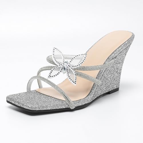 Renessmi Elegant Offene Zeh Keilabsatz Slingback Damen Pantoffeln Ohne Verschluss Weit Fit Sauqre Toe Strappy Draußen Mules Footwear Silber Gr 40.5 EU-42 Cn von Renessmi
